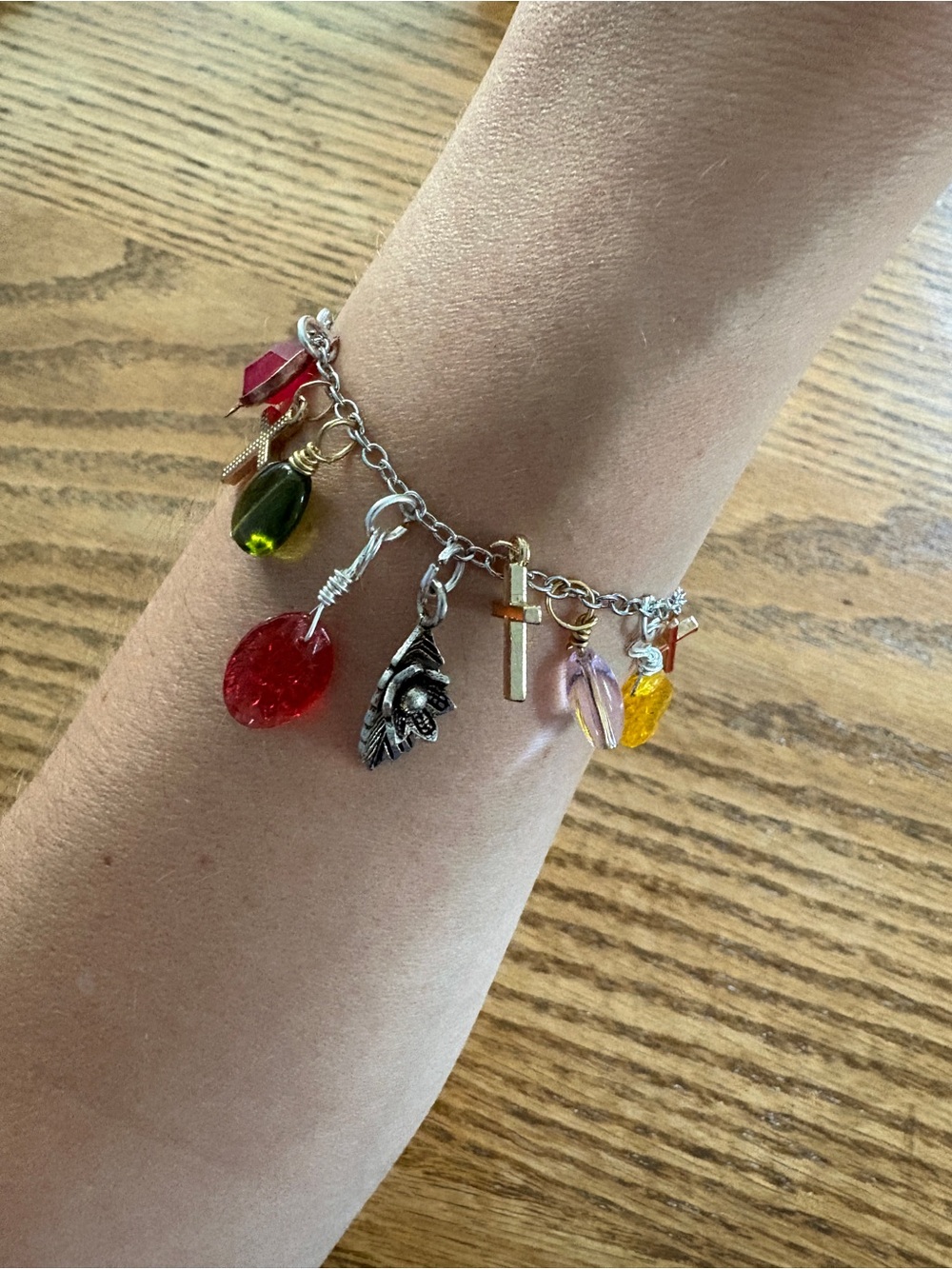 Hand Crafted Multi-Color Glass Charm Bracelet with Cross and Leaf Charms - Picture 3 of 9